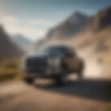 A modern full-size truck against a backdrop of a scenic landscape