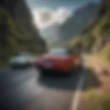 Detailed view of a car towing a trailer on a scenic road