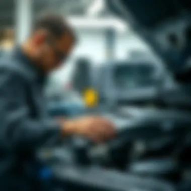 Technician inspecting a BMW engine