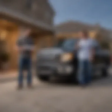 A satisfied customer receiving keys to their newly purchased used Ford truck