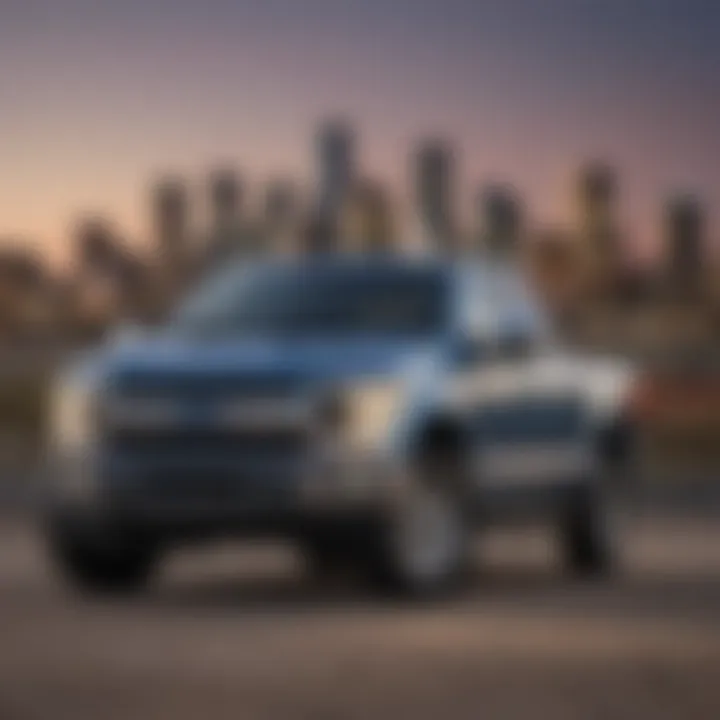 A scenic view of Houston's skyline with a used Ford truck in the foreground