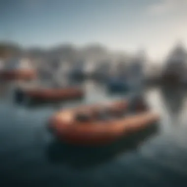 A variety of inflatable boats displayed on a marina dock