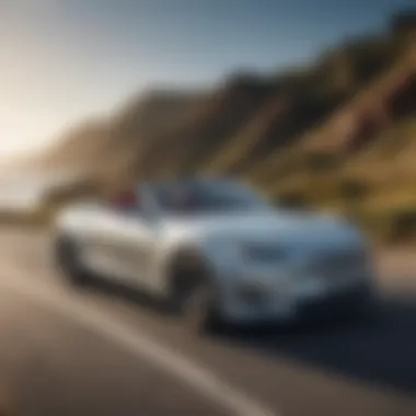 A sleek used Tesla convertible parked on a scenic coastal road.