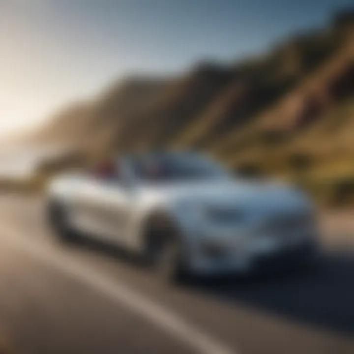 A sleek used Tesla convertible parked on a scenic coastal road.