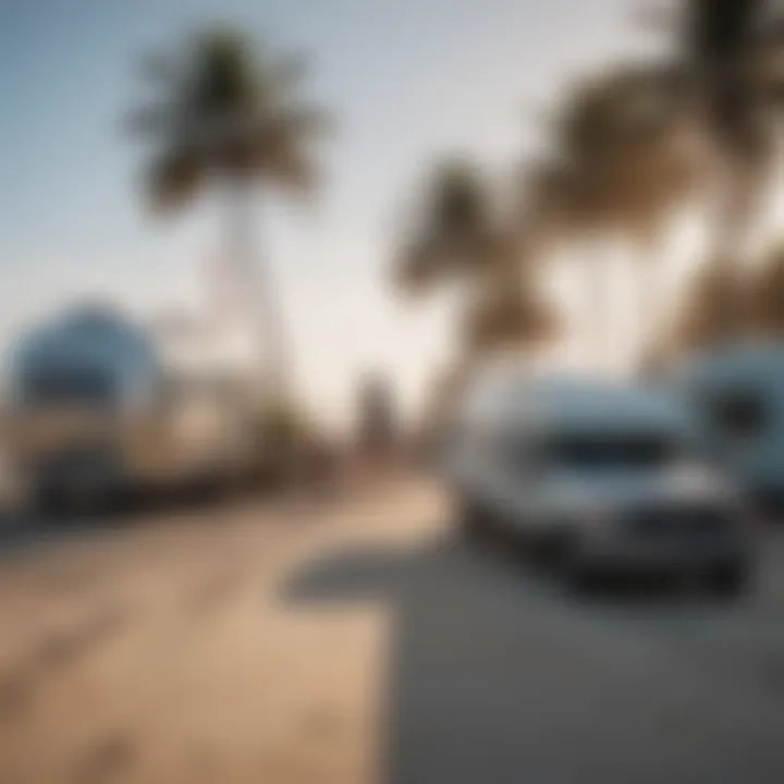 Surfers enjoying the beach near a Surfside travel trailer