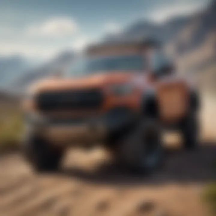 An off-road mid-size pickup truck navigating through rugged terrain.