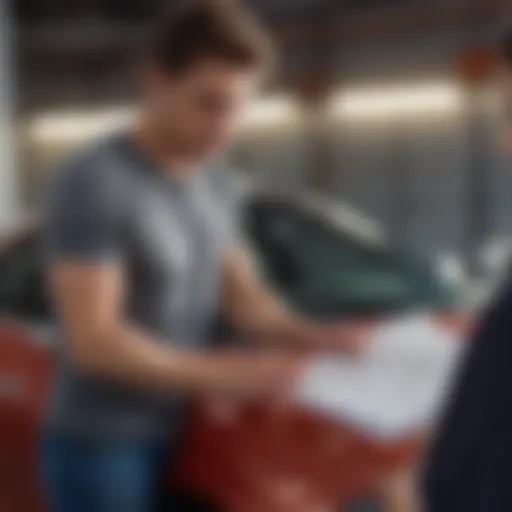 A young driver examining a rental car agreement