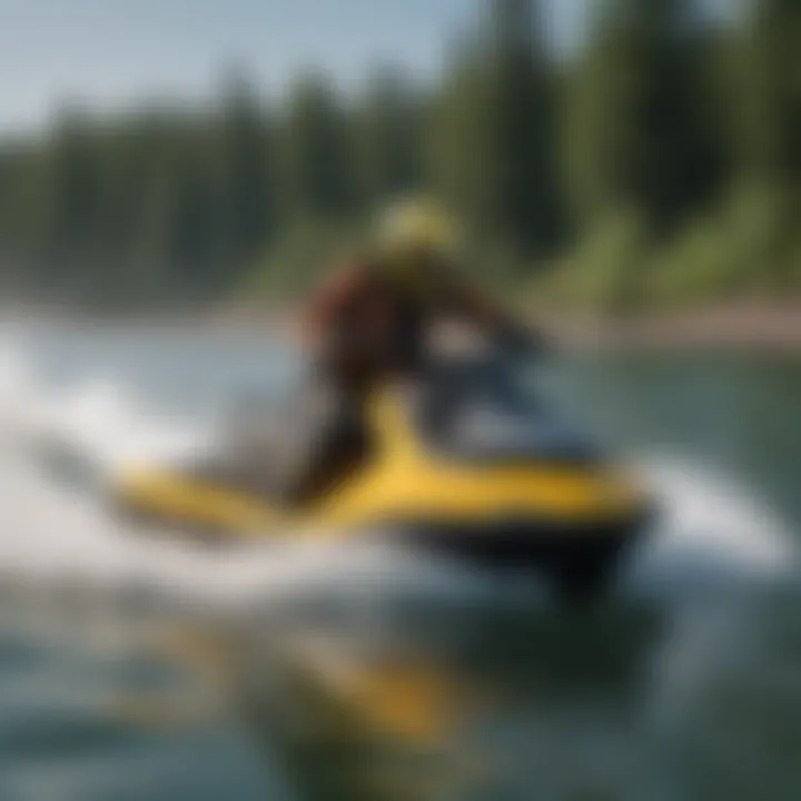 A scenic shot of a Sea-Doo in action on the water, emphasizing its agility and speed.