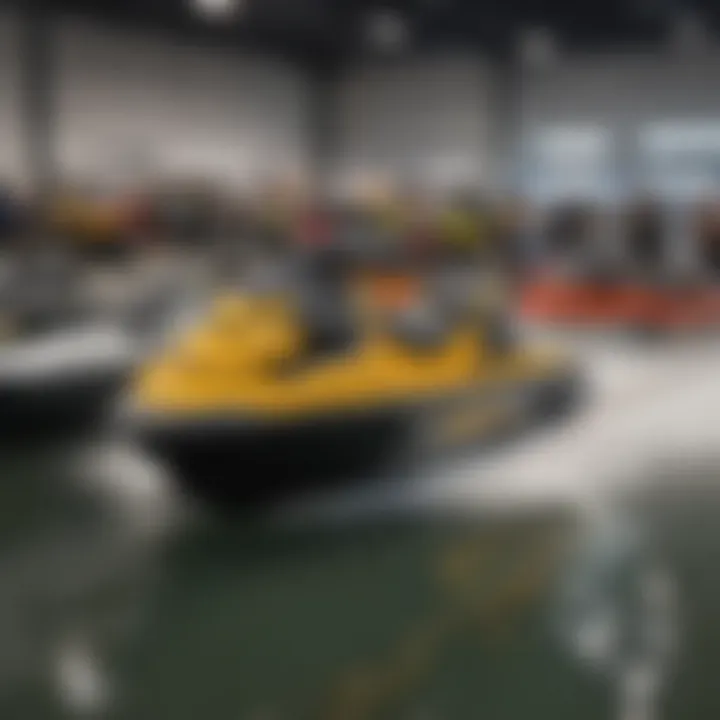 An array of different Sea-Doo models displayed at a marine expo, showcasing their variety.