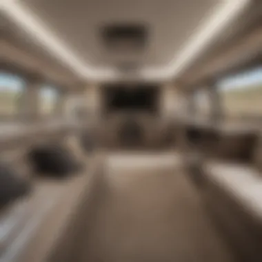 Interior layout of a fifth wheel trailer revealing spacious living areas